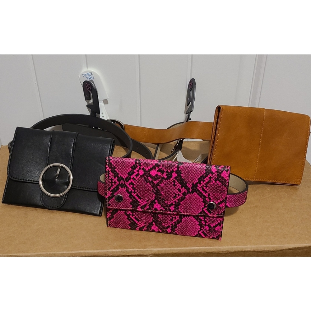 Let of 3 belt bags 2X brand new black tan pink snake print